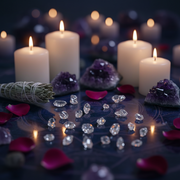 A styled altar-like arrangement with white pillar candles, amethyst crystal clusters, scattered Herkimer Diamonds, rose petals, and a bundle of dried sage on a dark reflective surface.