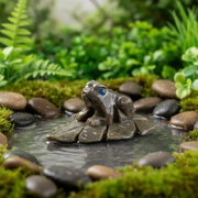 Frog figurine on a stone in a miniature garden setting with greenery