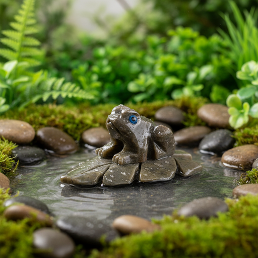 Frog figurine on a stone in a miniature garden setting with greenery