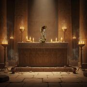Mystical temple interior with candles, statues, and hieroglyphics
