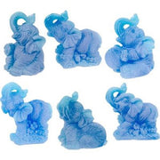 Set of six blue elephant figurines on a white background
