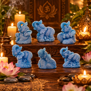  Six small blue elephant figurines arranged on wooden shelves and tables, surrounded by lit candles, lotus flowers, incense, and decorative stones in a warm, styled setting.