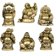 Set of six gold laughing Buddha statues on a white background