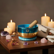 A decorative singing bowl set with a turquoise blue and gold bowl, wooden mallet, and matching base, styled on a wooden table with lit candles, crystals, and dried flowers.