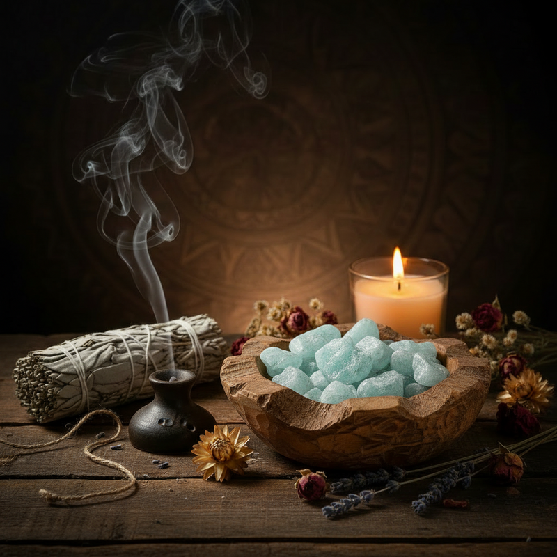 Incense, crystal bowl, and candle on a wooden surface with a dark background