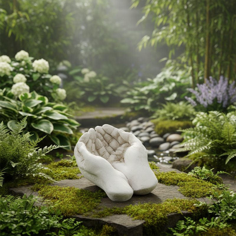 White stone sculpture of a pair of hands  in a lush garden setting