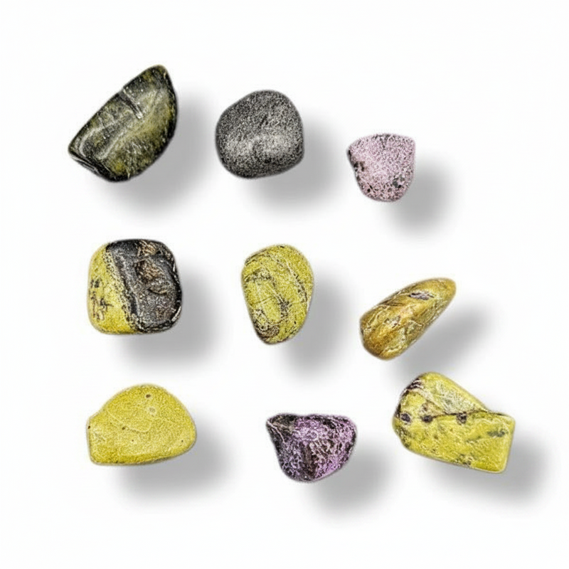 Nine polished tumbled gemstones in assorted colors and shapes, including yellow, purple, gray, and olive green, arranged on a white background with soft drop shadows.