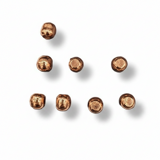 Copper spheres arranged in a pattern on a white background