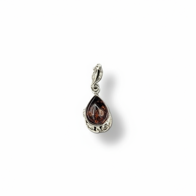 Silver pendant with a teardrop-shaped brown gemstone on a white background