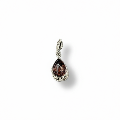 Silver pendant with a teardrop-shaped brown gemstone on a white background