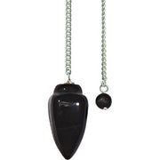 Black stone pendulum on a chain against a white background