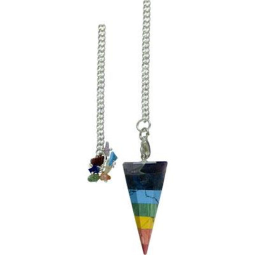 Colorful cone-shaped pendulum on a silver chain against a white background