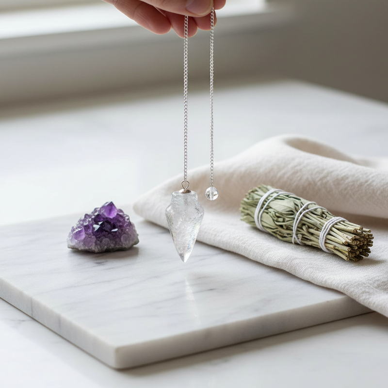 A silver-toned pendulum with a moonstone point is held by a hand over a white marble board, with a purple crystal cluster and a sage smudge nearby in a softly lit setting.