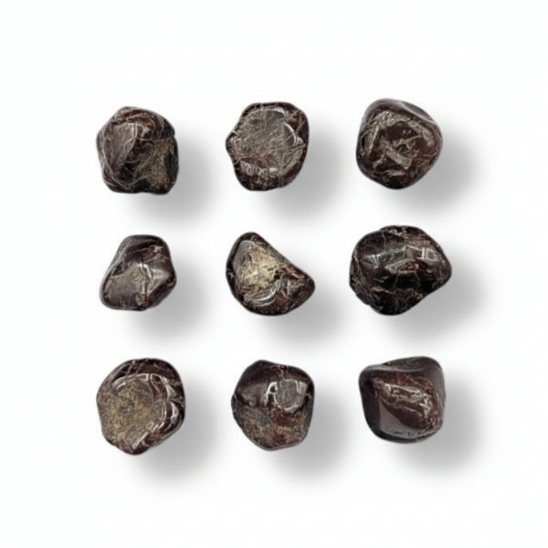 Nine dark red stones on a white background .
