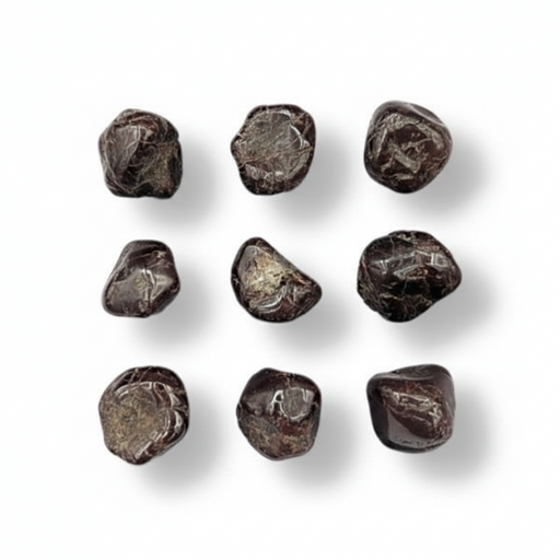 Nine dark red stones on a white background .