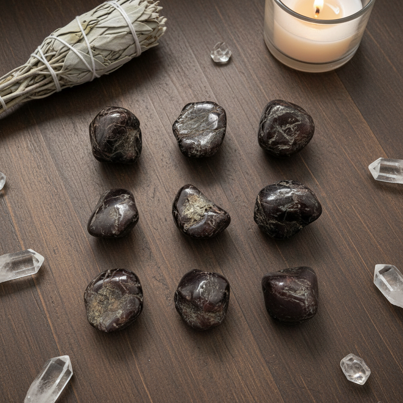 Nine dark red stones on a table with sage, quartz crystals and a candle.