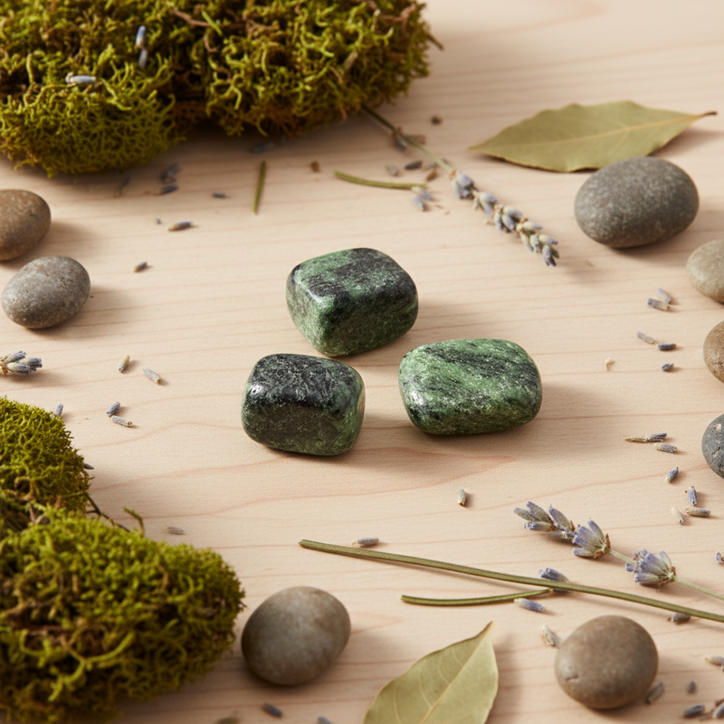Green stones on a wooden surface with moss and leaves