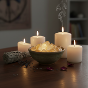 Candlelit scene with a bowl of crystals on a table.