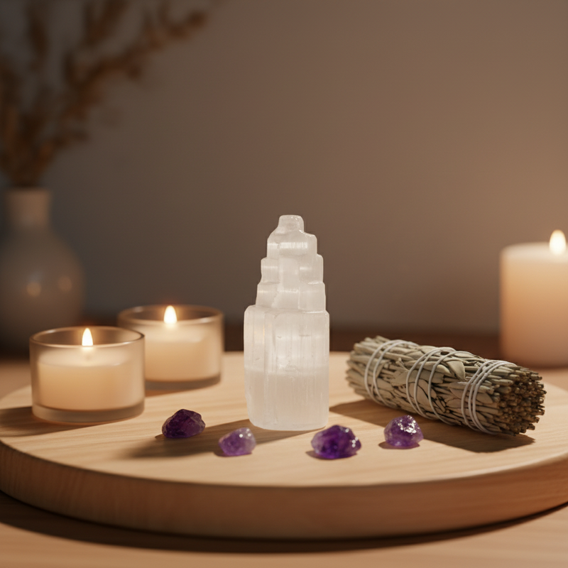A white selenite tower crystal stands on a round wooden tray, surrounded by purple amethyst stones, a white sage smudge bundle, and three lit candles in glass holders against a softly blurred warm background.