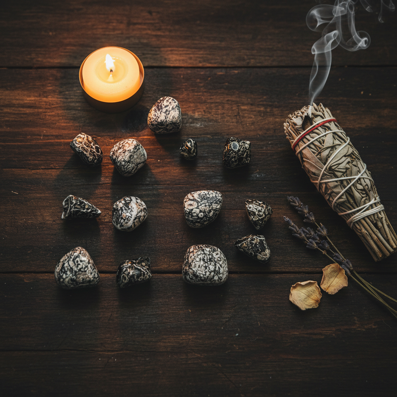 A styled flat-lay of dried herbs and crystals on a dark wooden surface, featuring a lit candle, a smudging bundle with rising smoke, and several polished stones.