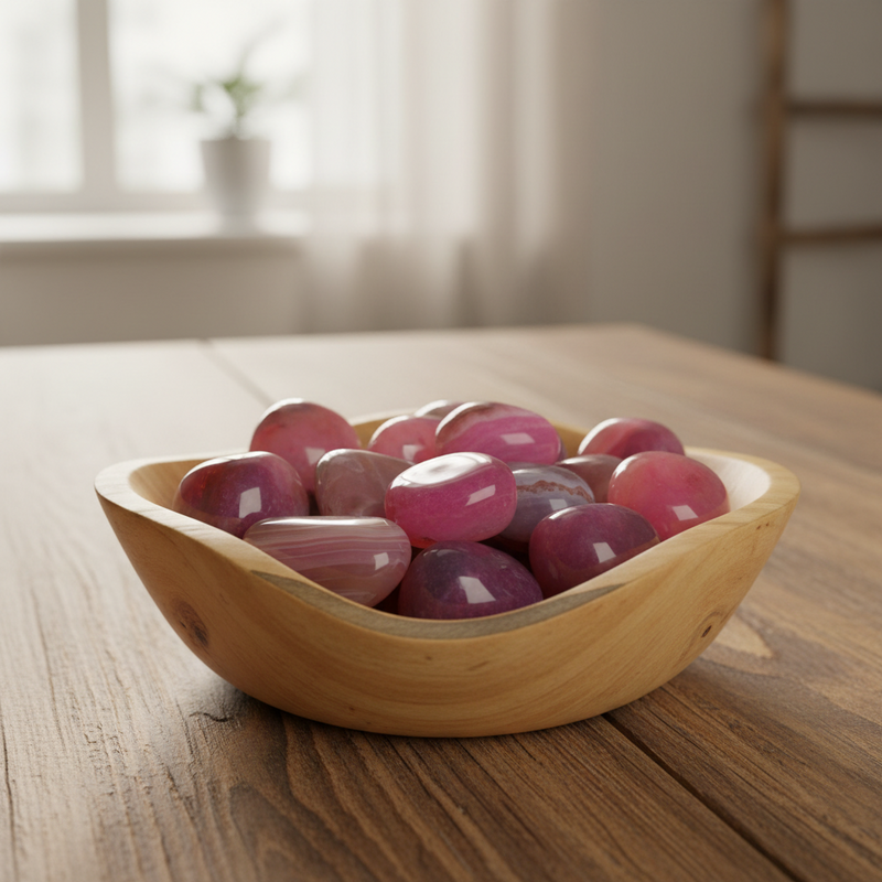 Wooden bowl filled with pink and purple stones on a wooden surface