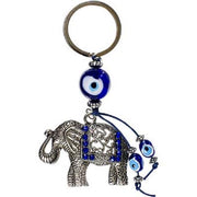 Keychain with elephant design and blue evil eye beads on a white background