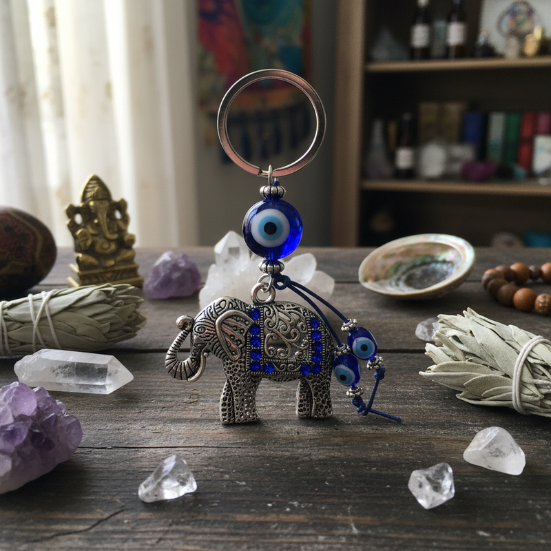 Decorative keychain with elephant and blue eye charm on a wooden surface with crystals and other items.
