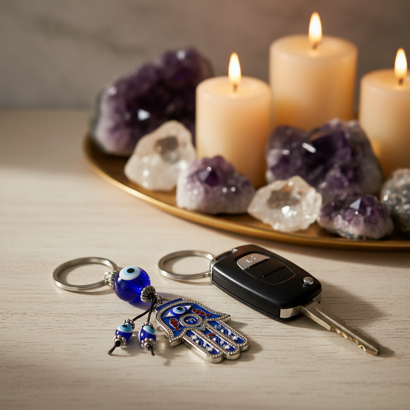 Keychain with blue eye charm and car key on a wooden surface with candles and crystals in the background.
