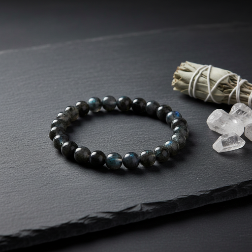 Black beaded bracelet on a dark surface with crystals and sage.