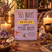 A book titled "365 Ways to Develop Your Psychic Ability" by Alexandra Chauran stands upright on a wooden table surrounded by lit candles, crystals, dried flowers, and tarot cards in a cozy, mystical setting.