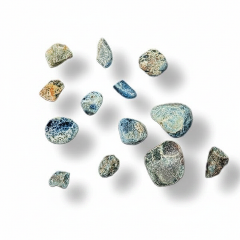 A set of polished Blue Apatite Tumbled  in shades of blue, gray, and beige, arranged on a clean white background with soft drop shadows.