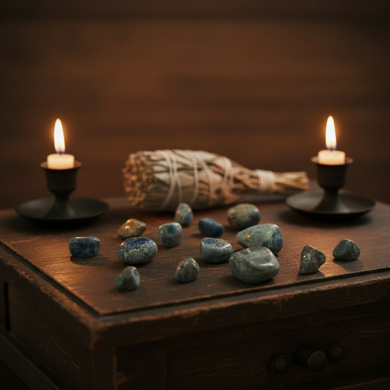 A styled arrangement of small blue-gray stones, a white smudge bundle, and two lit black candle holders on a dark wooden surface against a warm wood background.