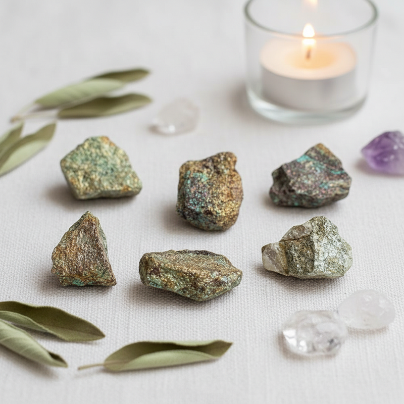 Seven raw, chrysocolla crystals with green, gold, and bronze hues are arranged on a textured white fabric surface, styled with dried olive leaves, clear quartz, a purple amethyst, and a lit white candle in a glass holder.