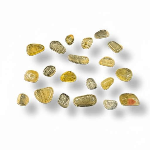 A set of small, gemstones in translucent yellow, amber, and smoky gray tones, arranged on a plain white background with soft drop shadows.