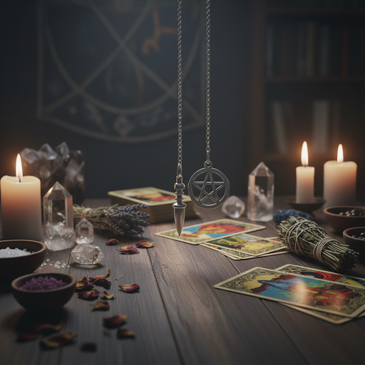 A styled tabletop scene with tarot cards, candles, crystals, dried herbs, and a silver pendulum with a pentagram symbol hanging in the center. The setting appears moody and ritual-oriented, with a dark wooden table and blurred background elements.