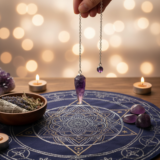 A hand holds a silver chain with a purple amethyst crystal pendant above a blue and gold ritual mat, surrounded by lit candles, crystals, and dried herbs.
