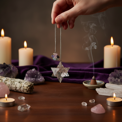 A hand holds a silver chain pendulum with a clear faceted star merkaba and a small iridescent bead against a mystical altar setup with lit candles, purple crystals, a smudging bundle, and a burning incense burner.