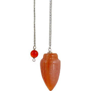 Orange pendulum on a chain with a white background