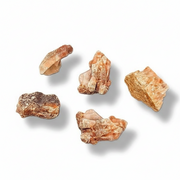 Five rough, irregular pieces of natural red calcite  with warm tan, orange, and brown tones, arranged on a clean white background with soft drop shadows.