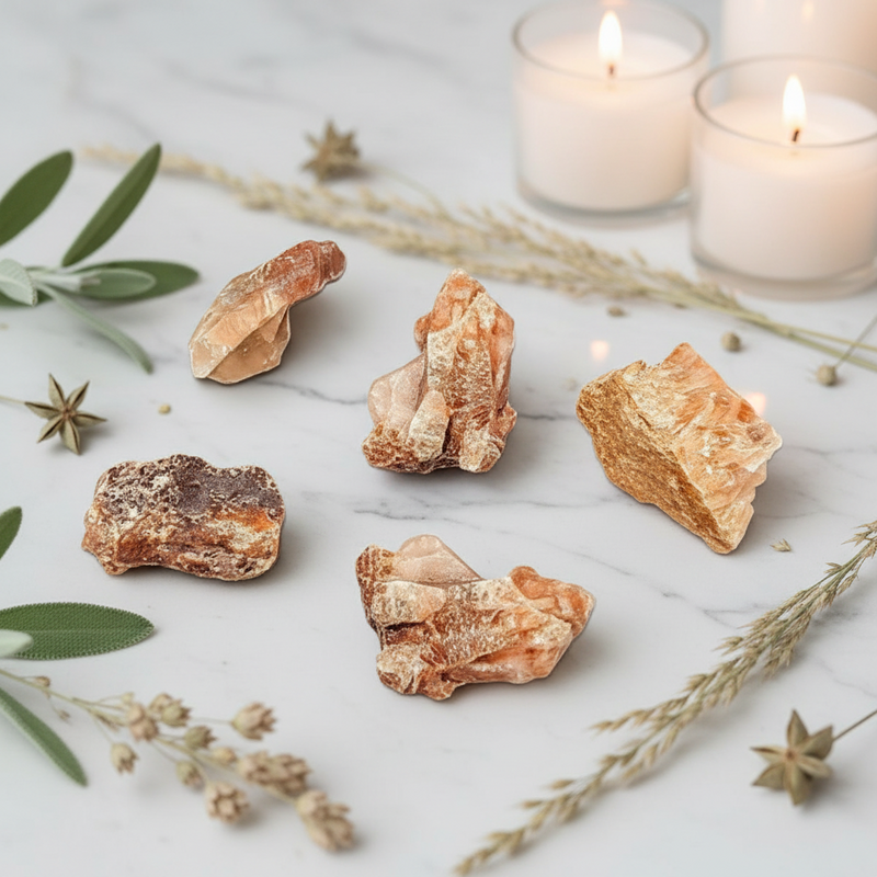 Five raw crystal formations with warm peach, orange, and brown hues are arranged on a white marble surface with decorative dried grasses, green leaves, and lit candles in the background.