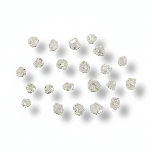 A set of small, rough-cut clear gemstones arranged in a loose circle on a white background with soft drop shadows.