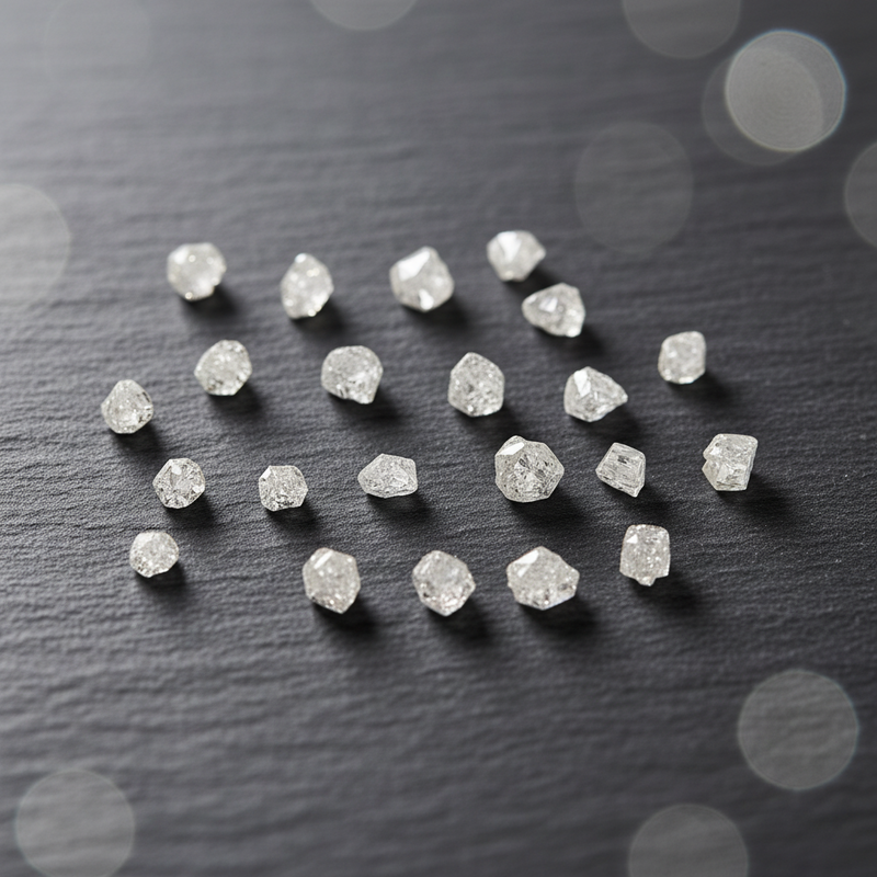 A group of small, rough-cut clear gemstones arranged on a dark textured surface with soft blurred light circles in the background.
