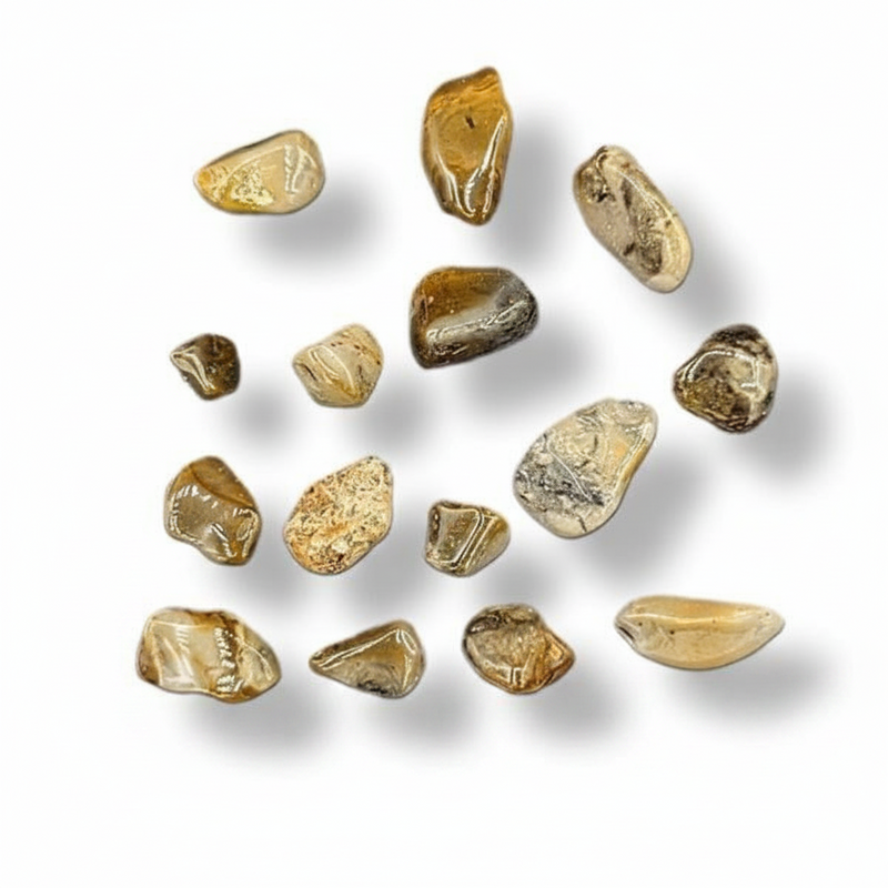 A group of small polished tumbled stones in warm tan, cream, brown, and gray tones, arranged on a white background with soft drop shadows.
