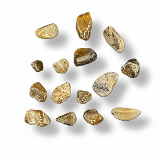 A group of small polished tumbled stones in warm tan, cream, brown, and gray tones, arranged on a white background with soft drop shadows.