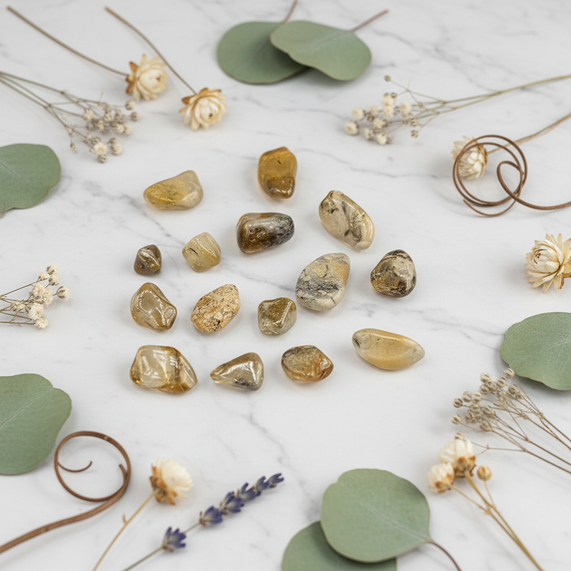 A flat-lay arrangement of polished tumbled gemstones in earthy brown, beige, and amber tones, styled with eucalyptus leaves, dried flowers, and lavender sprigs on a white marble surface.