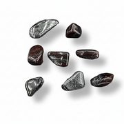 Nine polished tumbled gemstone tumbled in silver-gray and dark reddish-brown hues, arranged on a clean white background with soft drop shadows.