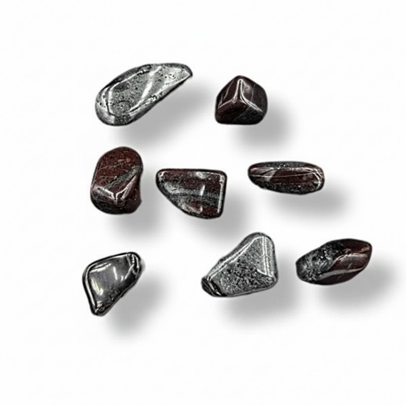 Nine polished tumbled gemstone tumbled in silver-gray and dark reddish-brown hues, arranged on a clean white background with soft drop shadows.