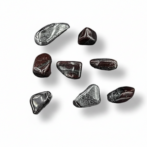Nine polished tumbled gemstone tumbled in silver-gray and dark reddish-brown hues, arranged on a clean white background with soft drop shadows.