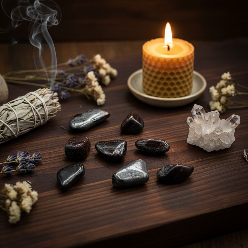 A styled tabletop scene with a lit honeycomb candle, smooth dark stones, a white crystal cluster, dried lavender, and a smudge bundle on a dark wooden surface.