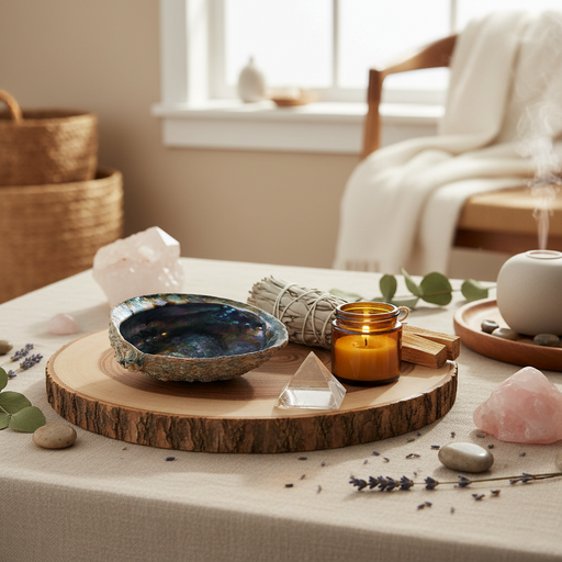 A styled tabletop scene in a softly lit room featuring a round wooden slice tray holding a small iridescent abalone shell, a lit amber candle in a glass jar, a bundle of dried grass, and crystals. A white ceramic diffuser sits on a tray in the background, with a chair and window blurred behind it.